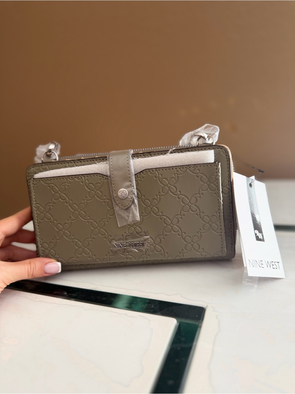 Nine West Olive Green Embossed Wallet Crossbody